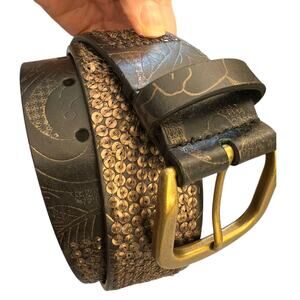 Lucky Brand Black Brown Tooled Embossed Leather Belt Brass Buckle Boho S NEW